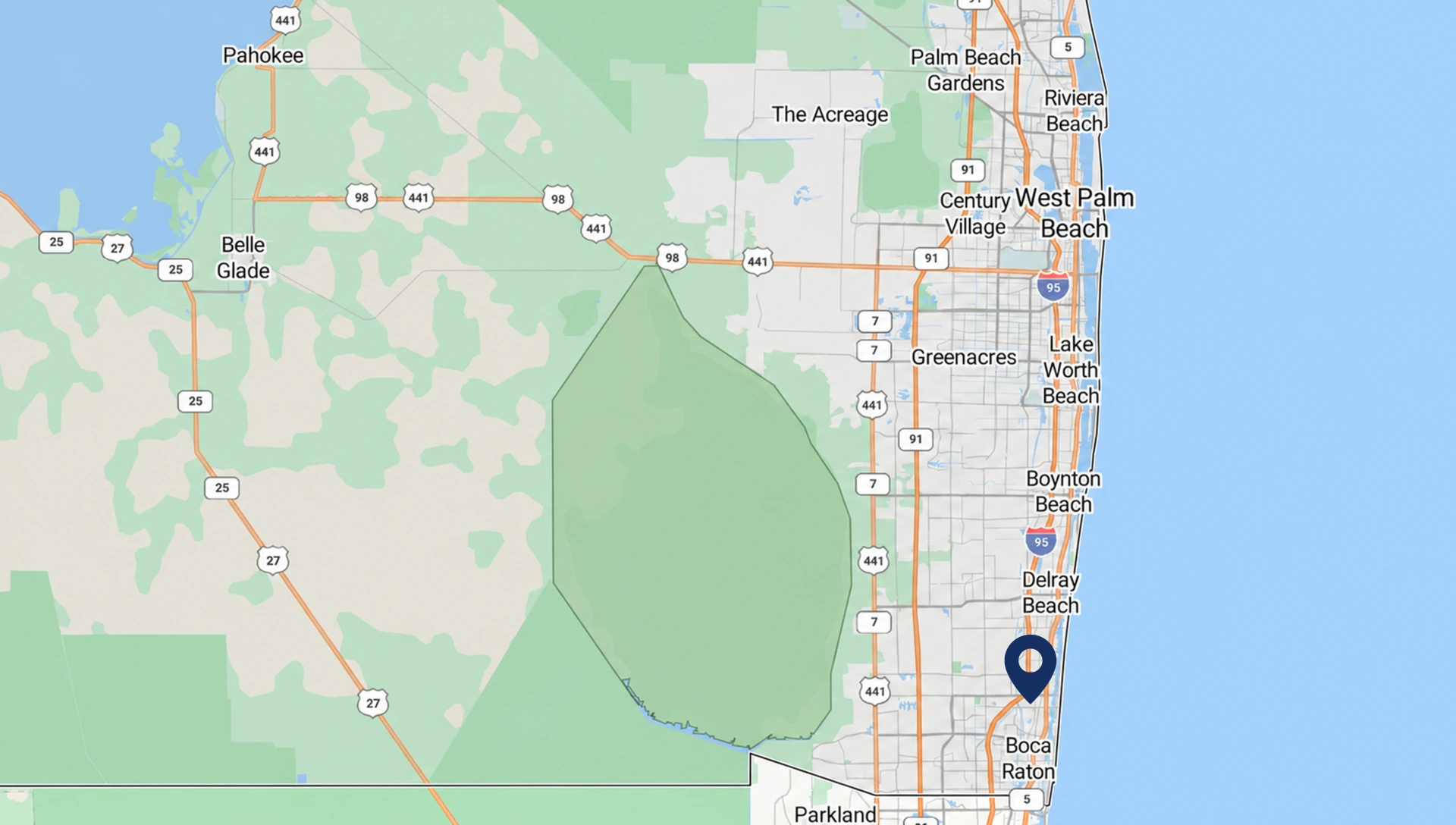Map showing Bill Tyson's Auto Repair service area from Wellington to Boca Raton, Florida.