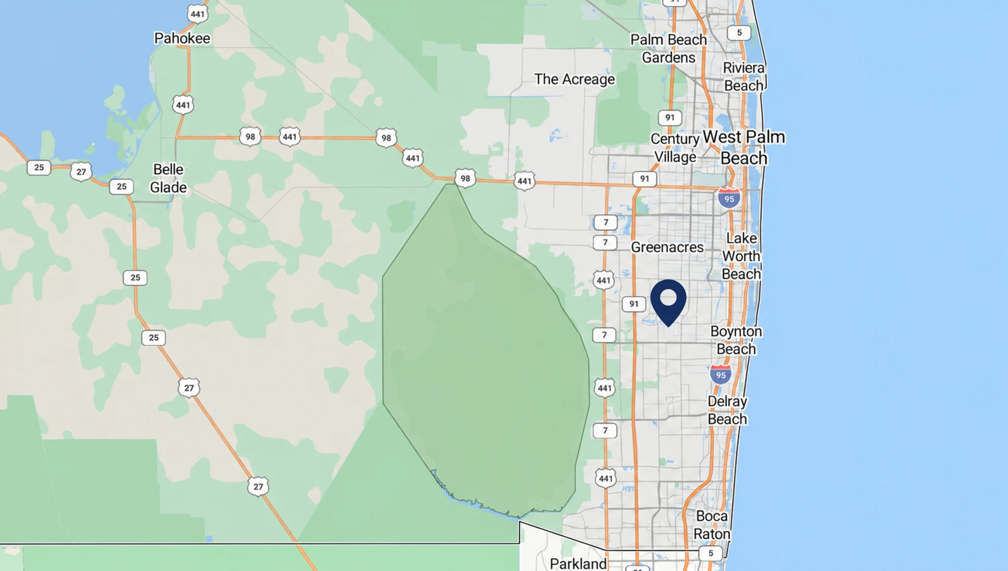 Map showing Bill Tyson's Auto Repair service areas throughout Boynton Beach, Florida.