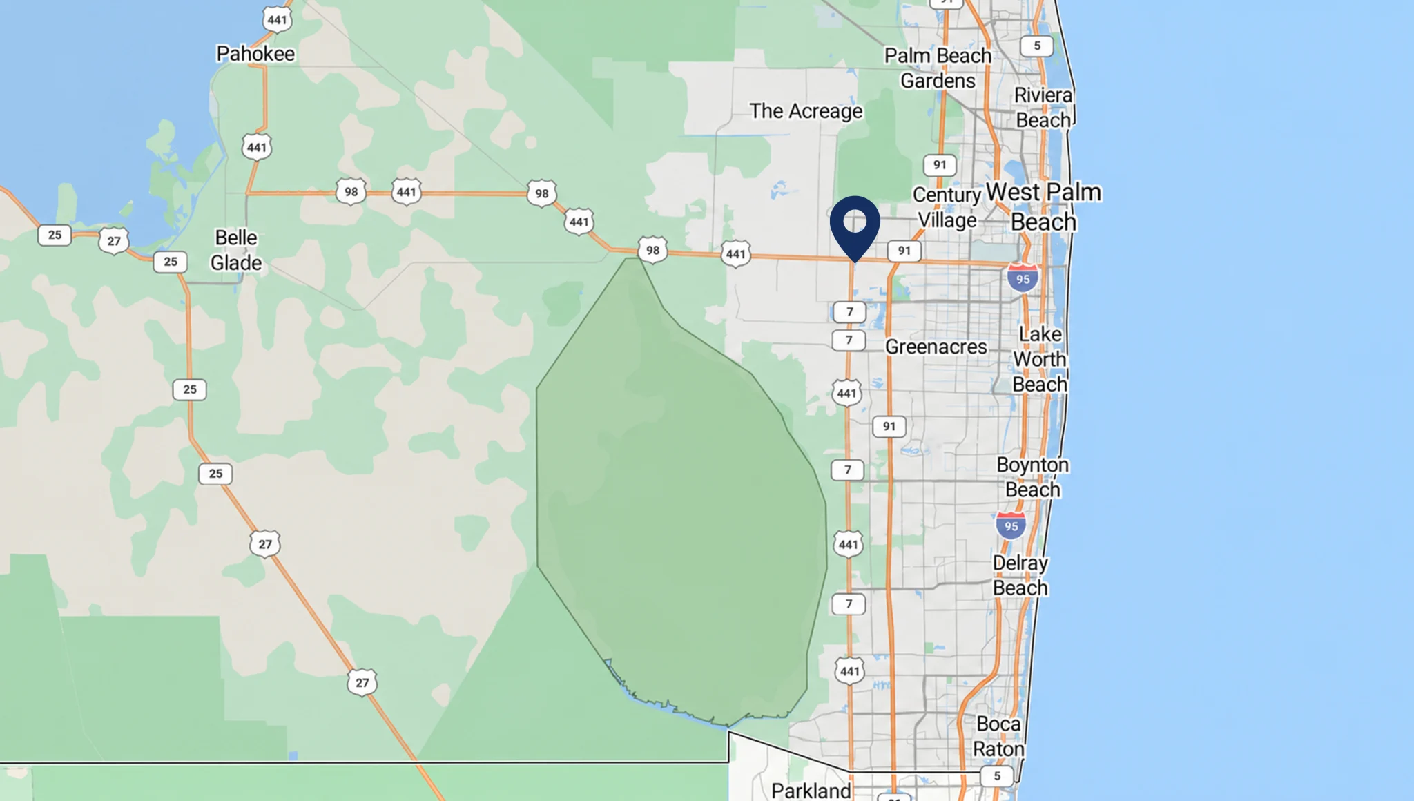 Map showing Bill Tyson's Auto Repair service areas throughout Palm Beach County, Florida.