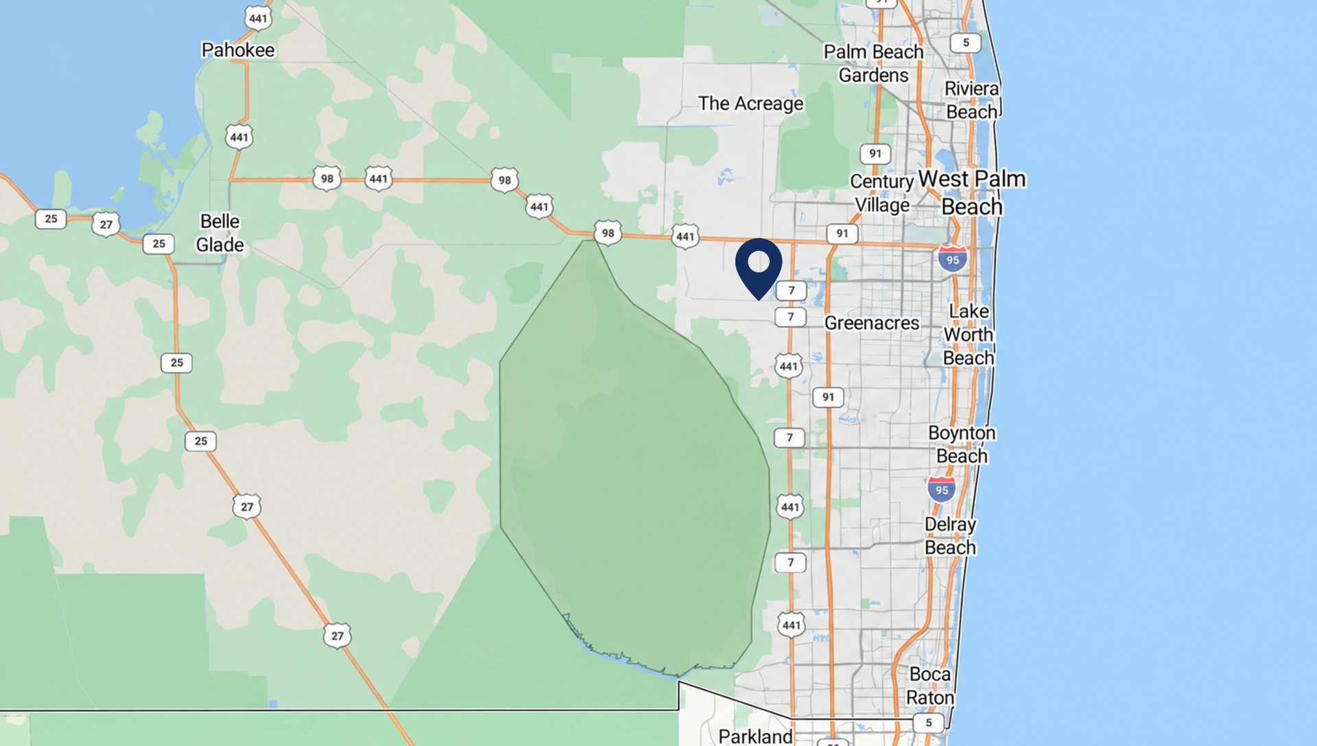 Map showing Bill Tyson's Auto Repair service areas throughout Wellington, Florida.