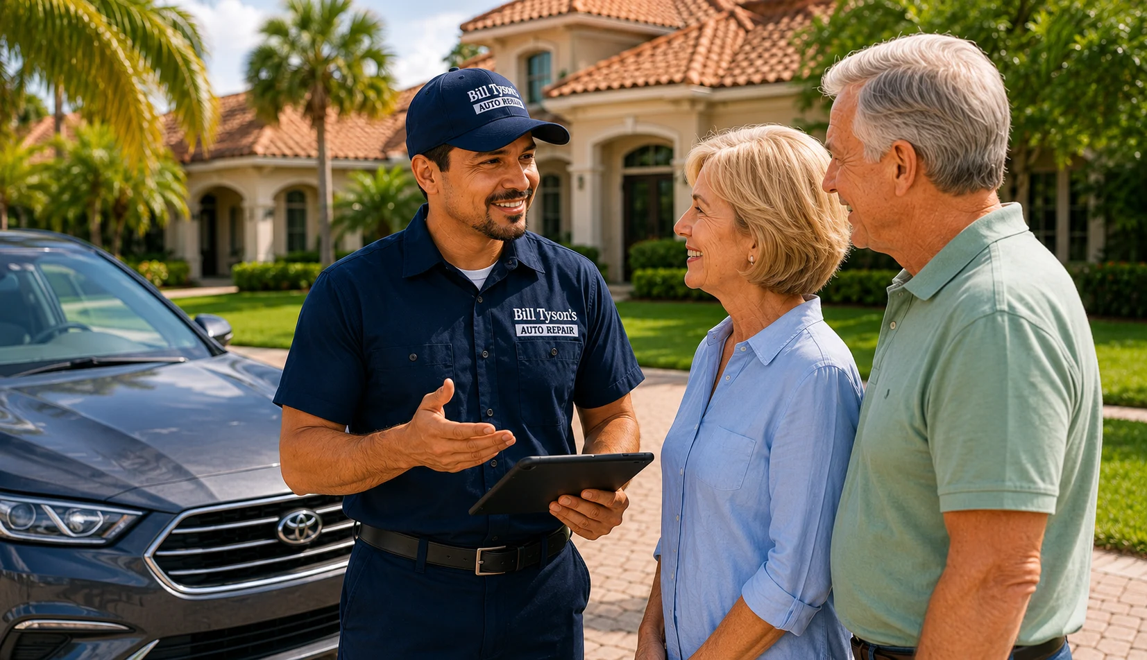 Bill Tyson's Auto Repair service advisor speaking with customers during vehicle pickup service in Wellington, Florida.