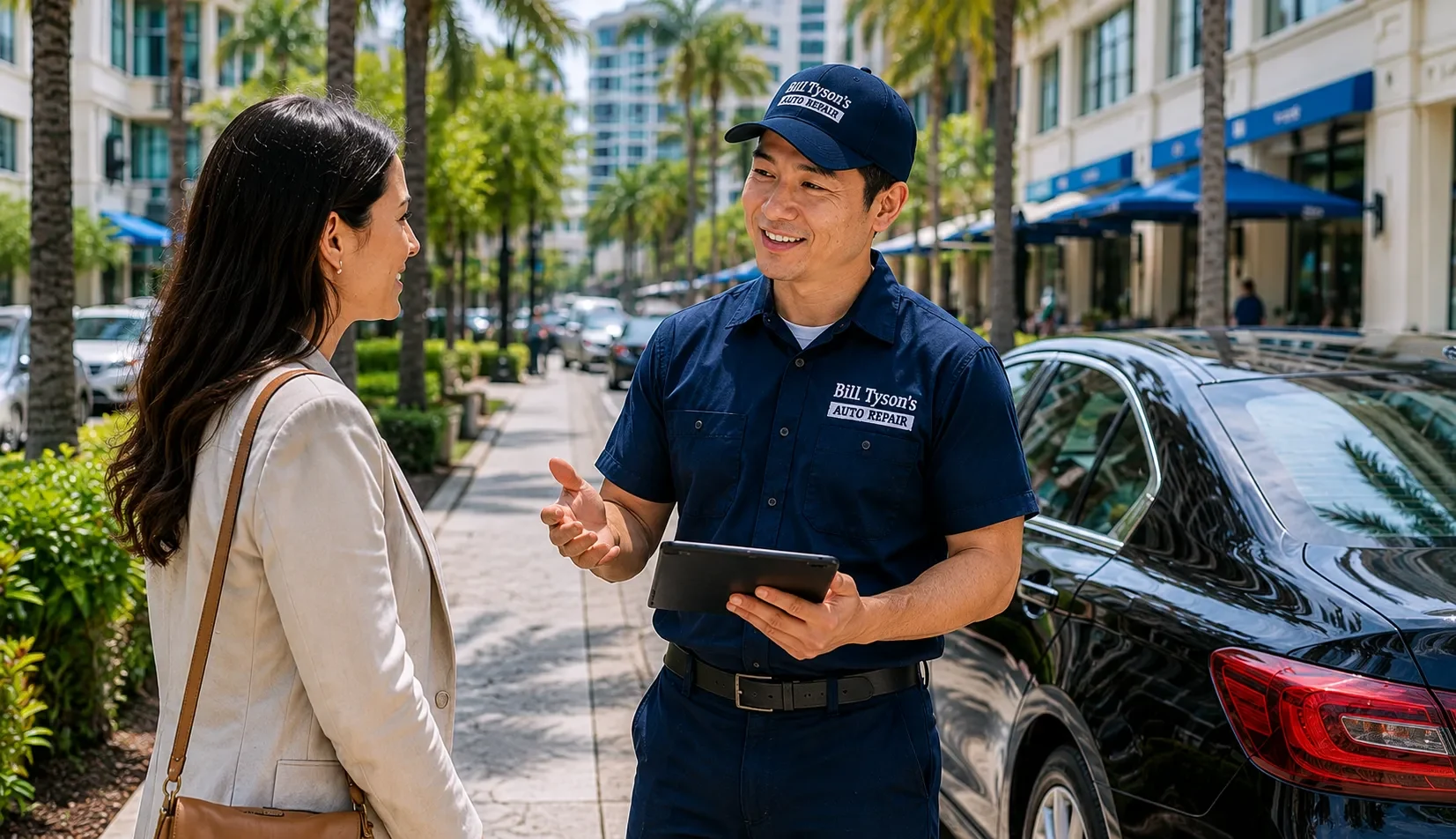 Bill Tyson's Auto Repair service advisor speaking with a customer during vehicle pickup service in Royal Palm Beach.