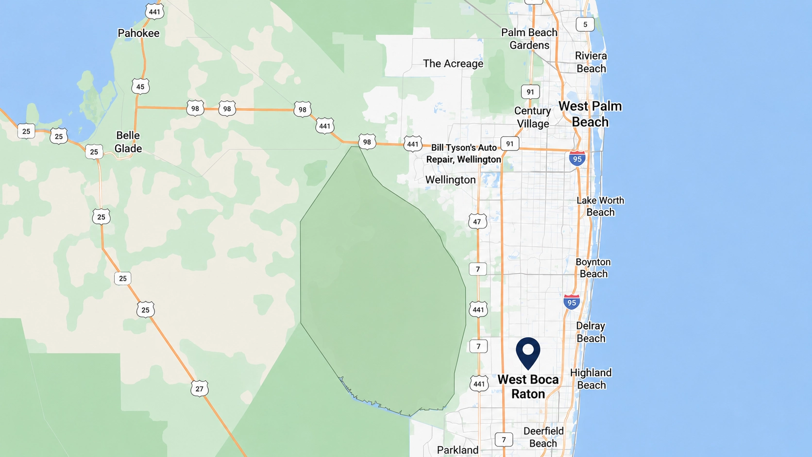 Map showing Bill Tyson's Auto Repair service areas throughout West Boca Raton, Florida.