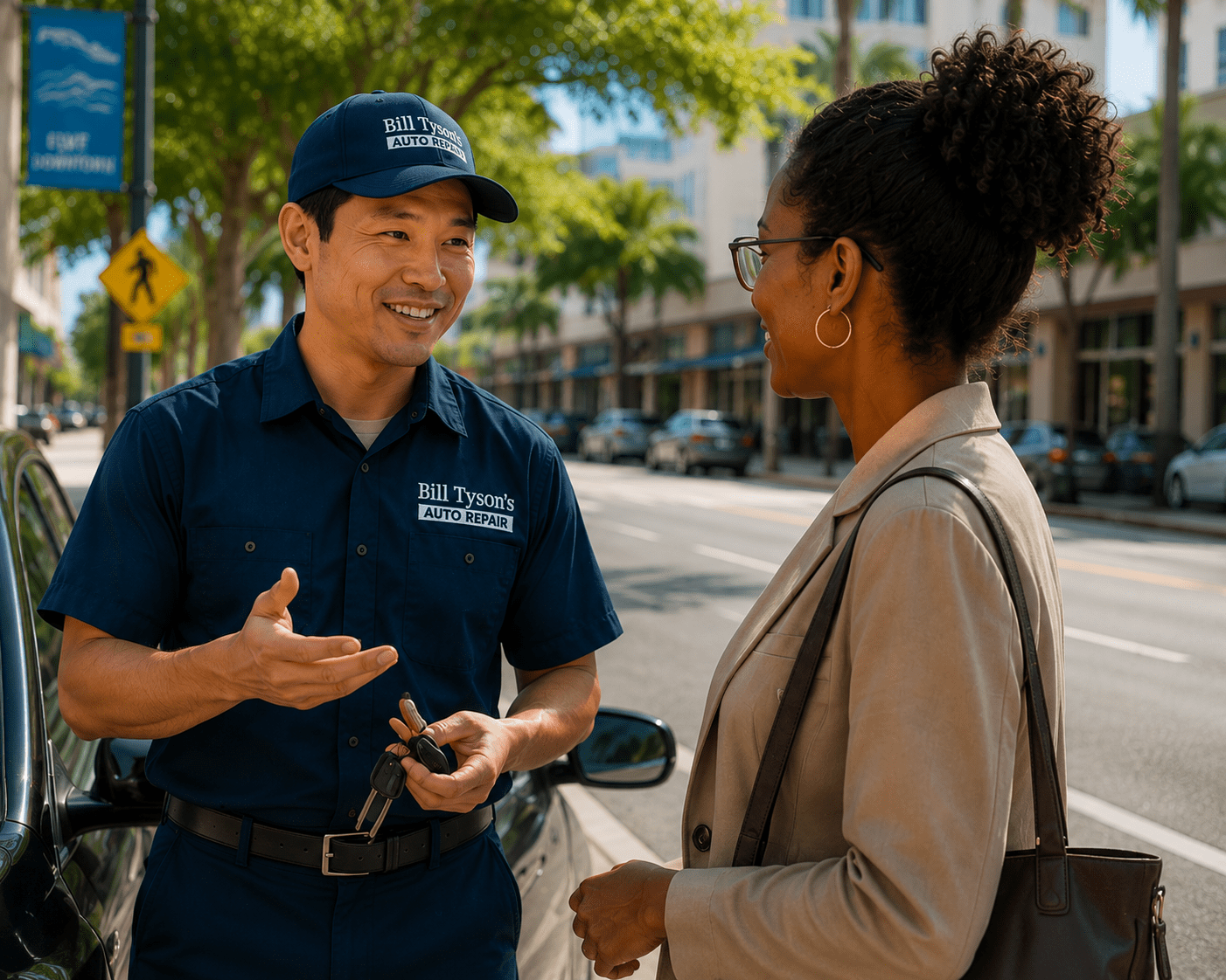 Bill Tyson's Auto Repair service advisor speaking with a customer during vehicle pickup service in Royal Palm Beach.