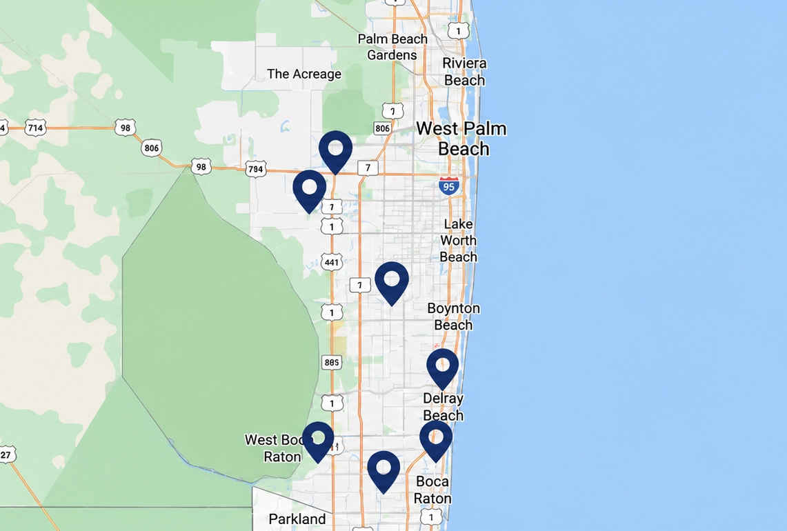 Map showing Bill Tyson's Auto Repair service areas throughout Palm Beach County, Florida.